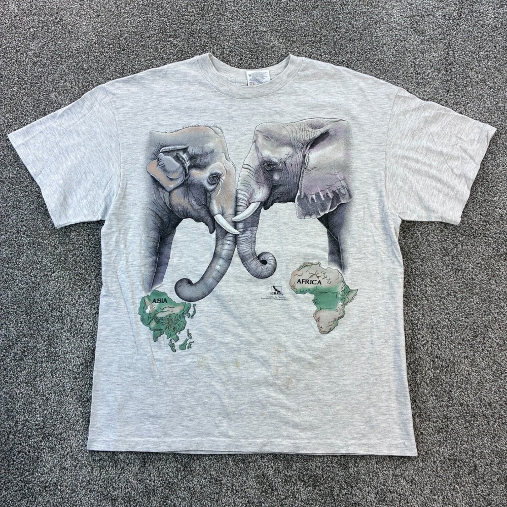 Vintage‎ Elephants Shirt Mens Large Gray Asian African Species Nature Animals
